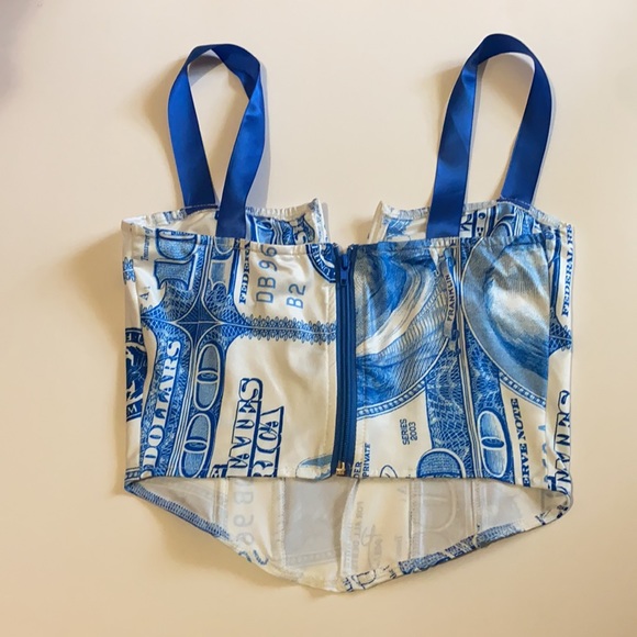 White and blue money print corset top. - Picture 2 of 4